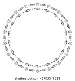 A black and white wreath template with fish and shells. Monochrome ink illustration in a simple style. A frame for World Fishing Day cards, tableware, and other printed materials.