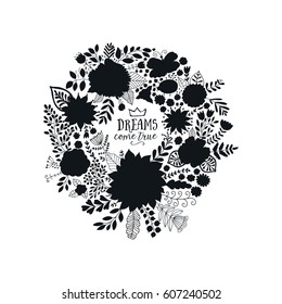 Black and white wreath vector illustration made of flowers and herbs. Vector decorative circle frame. Spring elements. Floral doodles wreath. Invitation or greeting card design.