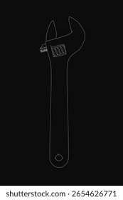 A black and white wrench with detailed contours stands out against a dark background. The adjustable head and long handle are precisely rendered, creating a striking contrast.