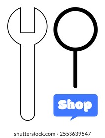 A black and white wrench and magnifying glass next to a blue speech bubble with the word Shop. Ideal for themes related to shopping, tools, mechanics, repair services, and online stores. Simple