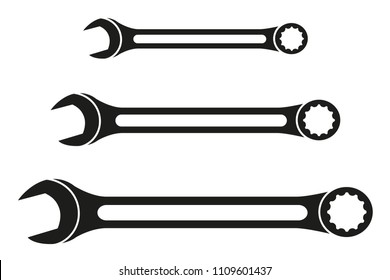 Black and white wrench silhouette set. Handyman tools for home repair. Maintenance themed vector illustration for icon, logo, sticker, patch, label, sign, badge, certificate or flayer decoration