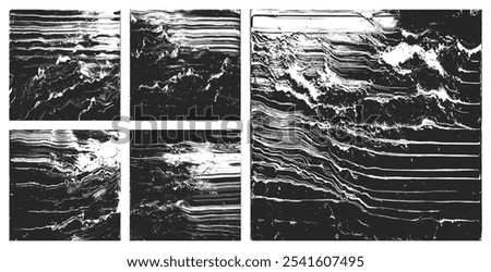 Black and White Wrinkled Material Structure Grunge Textures Vector Set Abstract Background. Wrinkled Textured Photocopy Paper Surface Design Elements Clip Art Bundle. Mod Backdrops for Design Projects