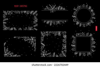 black and white xmas christmas seasonal outline silhouette foliage branches flowers twigs border backgrounds  frames set, winter web banners, vector illustration design graphic