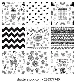 Black and White Xmas and New Year Doodles, Nine Christmas Seamless Background Patterns. Hand-Drawn Vector Illustration. Pattern Swatches