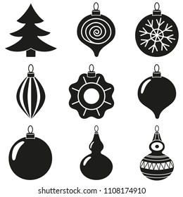 Black and white xmas tree decoration silhouette set. Holiday themed vector illustration for icon, sticker, patch, label, sign, badge, certificate or gift card decoration