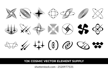 Formas geométricas Y2K preto e branco simbolizam a vastidão do espaço e elementos cósmicos, ideais para projetos futuristas e conceitos de ficção científica.