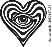 Black and white Y2K of a heart shape with an eye in the center, surrounded by wavy lines. Symbol of love, vision, surreal art, and psychedelic illusion.