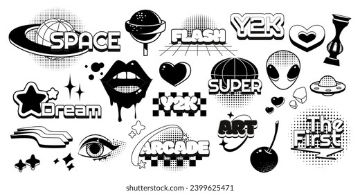 Black and white y2k stickers set isolated on background. Vector illustration of abstract retro art icons and words, planet, alien, ufo, heart, lips, star, eye, cherry symbols, psychedelic 90s design