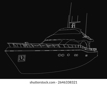 Um iate preto e branco desenhando em um fundo escuro, com detalhes intrincados do casco, velas e cordame. O estilo monocromático destaca o design elegante e artesanato da embarcação.