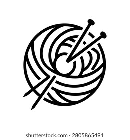 Black and white yarn ball icon with knitting needles for craft and hobby projects
