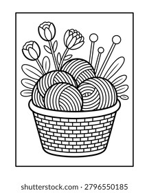 Black and white of yarn balls in a basket with knitting needles and flowers line yarn balls of yarn coloring book page in white background