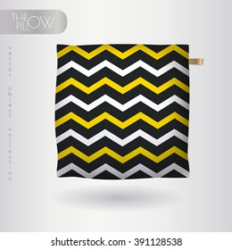 Black, white and yellow chevron pattern, realistic 3d throw pillow. Apartment interior design element. Single cushion isolated on a gray background.