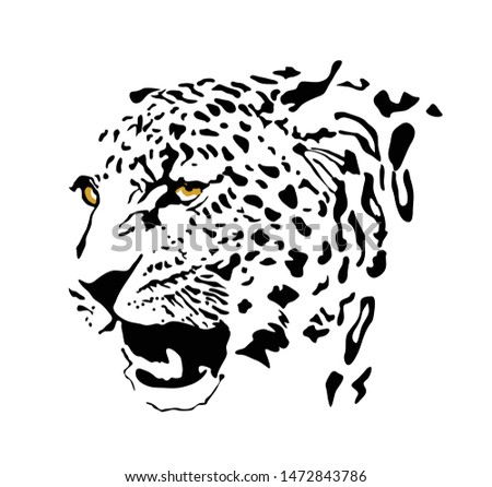 Black and white, and yellow color vector portrait of a wild leopard. Can be used as logo, fashion design, bookplate, tattoo design, emblem, badge, t-shirt print.