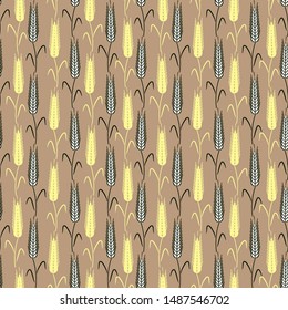 Black and white and yellow ears of wheat on the stems and with leaves, seamless pattern, brown background. Great for decorating fabrics, textiles, gift wrapping, printed materials, advertising.