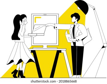 Black and white and yellow image of the teamwork of office workers on project with use laptop, phone, board and floor lamp