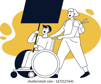 Black white and yellow line illustration of a person protesting with a smooth flat form on the background