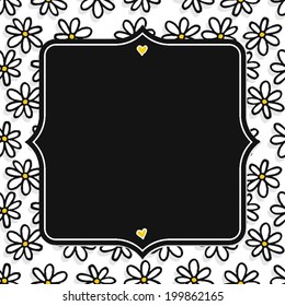 Black white yellow little daisy flowers hand drawn messy romantic botanical pattern on white background with blank vintage shaped dark frame with place for your text