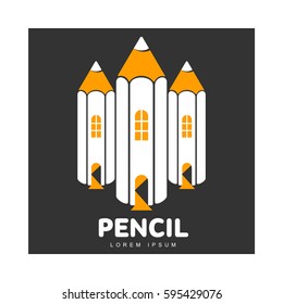 Black, white and yellow logo template with three pencils standing as buildings, vector illustration isolated on black background. Graphic logotype, logo design with three pencil shaped buildings
