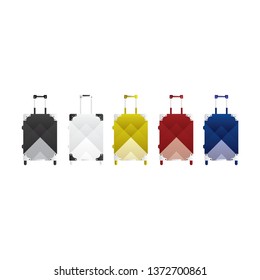 Black, white, yellow, red and blue travel bag or suitcase. Isolated on white. Vector illustration