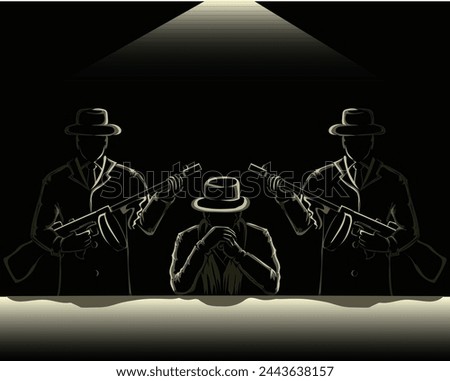 black white and yellow silhouette vector of three mafia men wearing hats under the lights, one in the middle is sitting and two people on the left and right are standing holding weapons