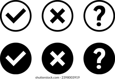 Black and White Yes or OK No or Declined Problem or Warning Flat Icon Set with Check Mark X Cross and Question Mark Symbols in Circles. Vector Image.