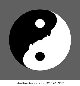 Black and white Yin Yang symbol with faces depicting the balance between opposite forces followed in Chinese philosophy, vector illustration