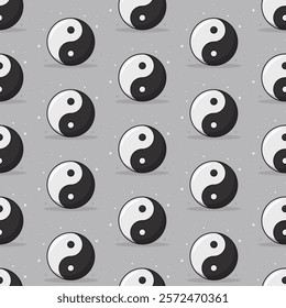 Black and white yin yang symbols. Vector seamless pattern on gray background.