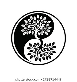 Black and white yin yang tree symbol with leaves on circular background
