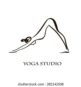 Black and white yoga studio logo. Woman doing yoga isolated on white background. 