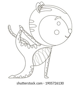 Black and white yogi tiger cub in Vyaghrasana asana. Printable outline children's illustration for coloring book. Vector.