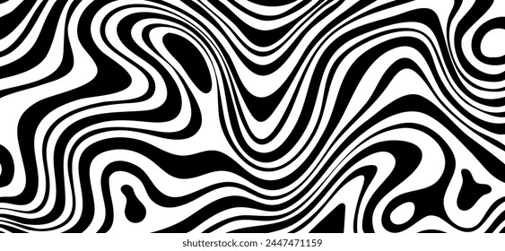 Black white zebra background. Wave psychedelic pattern in dynamics. Monochrome dynamic wallpaper