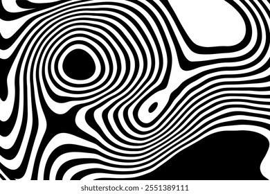Black white zebra background. Wave psychedelic pattern in dynamics. Monochrome dynamic wallpaper.