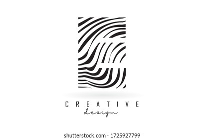 Diseño del logotipo de la letra E de cebra blanca y negra. Ilustración vectorial E creativa con líneas.
