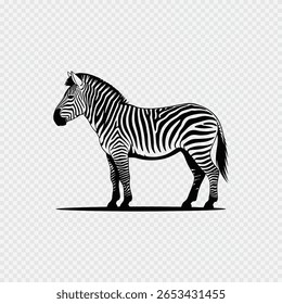 Illustration zèbre noir et blanc avec motif de rayures détaillées sur fond transparent pour le design et l'éducation