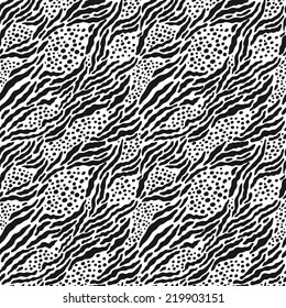 Black and white zebra, leopard repeating pattern. Seamless animal background. Safari wallpaper.