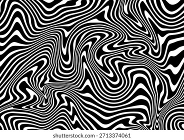Black and white zebra stripes. Psychedelic, hypnotic line abstract background. Vector pattern. Warped waves. Monochrome illustration. Banner, wallpaper, template, print, poster. Optical illusion.