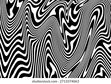 Rayas de cebra blancas y negras. Fondo abstracto de línea psicodélica e hipnótica. Patrón de Vector. Ondas deformadas. Ilustración monocromática. Anuncio, Fondo de pantalla, Plantilla, impresión, cartel. Ilusión óptica.