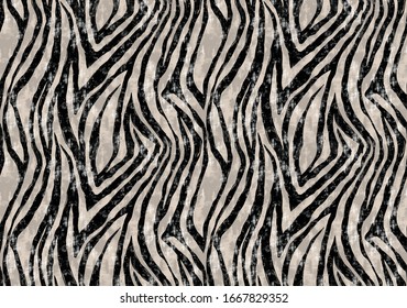 Black and white zebra stripes seamless background. Watercolor hand drawn animal fur skin texture.
