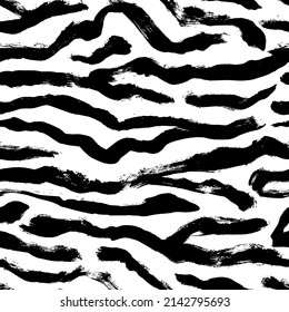 Black and white zebra stripes seamless pattern. Horizontal brush strokes background. Hand drawn vector wild ornament. Ink illustration of zebra skin texture. Black and white grunge sketch. 