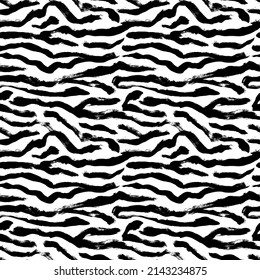 Black and white zebra stripes seamless pattern. Horizontal brush strokes background. Hand drawn vector wild ornament. Ink illustration of zebra skin texture. Black and white grunge sketch. 