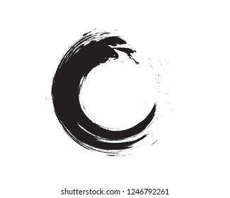 Black and White Zen Enso Symbol Original Vector Design. Painting Enso Zen Circle Chinese Style Illustration.Logo, Emblem Design. Brush Drawn Buddhist Sign Isolated on White. Fine Art Element.