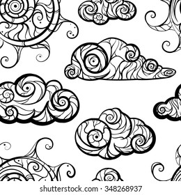 Black and white zendoodle clouds. Vector seamless pattern.