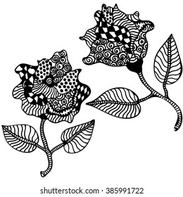Black and white zentange roses. Hand drawn vector ink sketches with checkered pattern, dotted print, scrolls, linear doodles. Coloring book for adult.