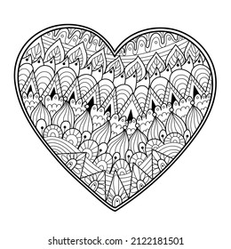 Black and white zentangle heart coloring page. Outline love pattern for antistress coloring book. Valentine’s Day mandala. Vector illustration