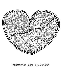 Black and white zentangle heart coloring page. Outline love pattern for antistress coloring book. Valentine’s Day mandala. Vector illustration