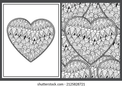 Black and white zentangle heart coloring pages set. Outline love pattern for antistress coloring book. Valentine’s Day mandala. Vector illustration