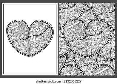 Black and white zentangle heart coloring pages set. Outline love pattern for antistress coloring book. Valentine’s Day mandala. Vector illustration