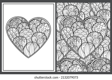 Black and white zentangle heart coloring pages set. Outline love pattern for antistress coloring book. Valentine’s Day mandala. Vector illustration