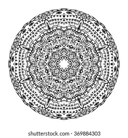 Black and white zentangle mandala isolated on white background. Vector Illustration. Hand drawn, made by trace from sketch. Can be used as package design element, t-short print etc.