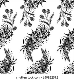 Black and White Zentangle Rapport. Seamless Floral Pattern for Wallpaper, Fabric, Textile, Paper, Swimwear. Flowers, Leaves and Branches Hand Drawn, Scanned and Traced to Vector. 